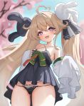  1girl :3 absurdres ahoge ass_visible_through_thighs attilio_regolo_(azur_lane) azur_lane bare_shoulders black_dress black_panties black_ribbon blurry blurry_background bow breasts cameltoe cherry_blossoms commentary cowboy_shot criss-cross_halter detached_sleeves dress green_bow hair_ornament hair_ribbon halter_dress halterneck head_tilt heart heart-shaped_pupils highres long_hair open_mouth panties pink_eyes rabbit_hair_ornament ribbon sheng_taoren sleeves_past_fingers sleeves_past_wrists small_breasts smile solo string_panties symbol-shaped_pupils thigh_gap twintails underwear very_long_hair 