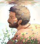  1boy back_hair beard character_request curly_hair dark-skinned_male dark_skin facial_hair from_side indian kaji_610 looking_ahead male_focus mature_male muscular muscular_male nose_piercing nose_ring nude piercing plant rrr_(movie) short_hair solo thick_eyebrows thick_mustache underwater upper_body 