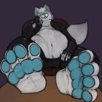  1:1 4_toes anthro belly big_belly blue_eyes blue_highlights blue_inner_ear blue_pawpads blue_tongue canid canine chair domestic_cat feet felid feline felis foot_focus foot_on_table fox fur furniture hair hi_res highlights_(coloring) hybrid looking_at_viewer male mammal navel nommz obese obese_anthro obese_male overweight overweight_anthro overweight_male pawpads purple_background shard_artel simple_background solo table tail toes tongue white_body white_fur white_hair 