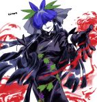  1girl artist_name black_gloves black_hair dress floral_print flower flower_on_head fruit_print gauze gloves hair_flower hair_ornament highres kimon_102 leaf_print long_hair looking_at_viewer orchid puffy_short_sleeves puffy_sleeves purple_dress purple_eyes purple_flower purple_lips short_sleeves solo touhou unfinished_dream_of_all_living_ghost veil yomotsu_hisami 