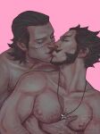  2boys alternate_body_hair bara beard black_hair chest_hair closed_eyes completely_nude couple crocodile_(one_piece) dracule_mihawk elven_(elvenora) facial_hair grabbing grabbing_from_behind hair_slicked_back hairy happy_sex highres kiss large_pectorals long_sideburns male_focus mature_male multiple_boys muscular muscular_male mustache nipples nude one_piece out-of-frame_censoring pectoral_grab pectorals red_lips short_hair sideburns smile thick_eyebrows yaoi 