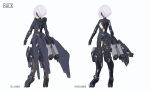  1girl armor arms_at_sides english_text from_behind full_body grey_hair highres makadamixa mecha_musume mechanical_legs original science_fiction short_hair standing 