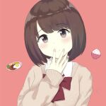  1girl 7_calpis_7 blush bow bowl brown_eyes brown_hair brown_sweater clip_studio_paint_(medium) closed_mouth collared_shirt commentary_request fried_egg head_tilt long_sleeves looking_at_viewer nail_polish original pink_nails plate puffy_long_sleeves puffy_sleeves red_background red_bow rice rice_bowl school_uniform shirt short_hair simple_background sleeves_past_wrists smile solo sweater upper_body white_shirt 