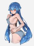  1girl absurdres ass bao_(vtuber) bare_shoulders bikini blue_bikini blue_hair breasts brown_eyes cleavage hand_on_own_hip highres indie_virtual_youtuber large_breasts long_hair looking_at_viewer low_twintails open_mouth sidelocks sketch sooon swimsuit thighs twintails virtual_youtuber white_background 