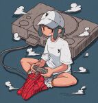  1girl bandaid bandaid_on_cheek bandaid_on_face baseball_cap butterfly_sitting cloud controller drop_shadow film_grain flat_chest full_body game_console game_controller grey_background grey_hair grey_shorts hat highres holding holding_controller holding_game_controller looking_at_viewer nao97122 original playstation_1 playstation_controller red_footwear shirt shoes short_hair short_ponytail short_sleeves shorts sidelocks sitting sneakers socks solo t-shirt white_headwear white_shirt white_socks 