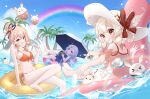  3girls :d absurdres afloat alternate_costume alternate_hairstyle arm_support bare_back barefoot beach bikini blue_sky blurry bow-shaped_hair braid breasts cleavage cloud cloudy_sky coconut coconut_tree commentary_request depth_of_field detached_sleeves dodoco_(genshin_impact) drinking_straw drinking_straw_in_mouth food frilled_one-piece_swimsuit frills genshin_impact hair_between_eyes hair_bun hair_ornament hairclip hat hat_ornament highres holding holding_food holding_innertube holding_popsicle horizon innertube jiangshi jumpy_dumpty klee_(genshin_impact) light_brown_hair long_hair looking_at_viewer medium_breasts multiple_girls navel neneko_sleep ofuda_on_head on_innertube one-piece_swimsuit orange_bikini orange_eyes outdoors palm_tree pointy_ears popsicle purple_eyes purple_hair qiqi_(genshin_impact) rainbow see-through_camisole short_sleeves side-tie_bikini_bottom sidelocks single_braid single_hair_bun sitting sky sleeveless smile spaghetti_strap stomach stuffed_animal stuffed_toy summer sun_hat swimsuit toes tree umbrella vision_(genshin_impact) water_drop wet wet_clothes wet_swimsuit white_one-piece_swimsuit yoimiya_(genshin_impact) 