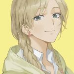  1girl blonde_hair boony2789 braid earrings grey_eyes highres jewelry long_hair murashige_yuzuki skip_to_loafer smile solo upper_body yellow_background 