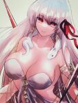  1girl armlet bare_shoulders belly_chain breasts cleavage collarbone durga_(fate) earrings fate/grand_order fate_(series) grey_hair hair_ribbon highres jewelry large_breasts long_hair looking_at_viewer nuuu9999 pelvic_curtain red_eyes revealing_clothes ribbon sash snake solo sparkle very_long_hair 