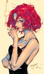  1girl beth_(veil) bruise cigarette dated injury jewelry kotteri looking_at_viewer loose_hair_strand pink_nails profile red_eyes red_hair red_lips ring short_hair solo upper_body veil_(manga) 