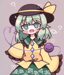  1girl :d ? absurdres black_headwear blush bow buttons diamond_button floral_print frilled_shirt_collar frilled_sleeves frills green_eyes green_hair green_skirt hat hat_bow heart heart_of_string highres komeiji_koishi light_green_hair long_sleeves looking_at_viewer medium_hair open_mouth rose_print shirt simple_background skirt sleeves_past_fingers sleeves_past_wrists smile solo spoken_question_mark third_eye touhou waroemon yellow_bow yellow_shirt 