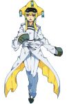  1boy blonde_hair facial_mark full_body goggles goggles_on_head hat jirachi katagiri_hachigou long_hair long_sleeves lower_teeth_only male_focus pants personification pokemon simple_background sleeves_past_fingers sleeves_past_wrists solo teeth white_background white_pants yellow_headwear 