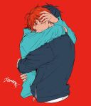  2boys black_hair blue_hoodie blush given head_grab hood hoodie hug kizu_natsuki multiple_boys red_background red_hair satou_mafuyu uenoyama_ritsuka yaoi 