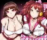  2girls absurdres braid breasts brown_hair cleavage earrings gggg headphones highres jewelry kujikawa_rise large_breasts looking_at_viewer multiple_girls necklace niijima_makoto persona persona_4 persona_5 red_eyes red_hair shiny_skin simple_background 