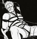  1boy arms_behind_back around_crotch bara bdsm boku_no_hero_academia bondage bound boxers bulge greyscale large_pectorals male_focus male_underwear mature_male monochrome muscular muscular_male no_eyebrows pectorals rope short_hair sideburns smokerichi solo stitches tank_top toned toned_male twice_(boku_no_hero_academia) underbust underwear 