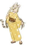  1girl alternate_costume animal_ears belt blonde_hair blush bow brown_belt brown_hair cat_ears cat_girl cat_tail geoffroy&#039;s_cat_(kemono_friends) green_eyes hair_between_eyes hair_bow japanese_clothes kemono_friends kemono_friends_v_project kimono kishida_shiki multicolored_hair open_mouth sandals sidelocks solo spots tail twintails virtual_youtuber white_bow white_hair yellow_kimono yukata 