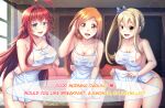  3girls :d adjusting_hair ahoge apron apron_lift arkfield arms_under_breasts bangs bleach blonde_hair blue_bow blue_eyes bow breasts brown_eyes cleavage collarbone commission couch crossed_bangs crossover dialogue_box drop_earrings earrings english_text fairy_tail hair_between_eyes hair_bow hair_intakes hair_ornament hair_scrunchie high_school_dxd indoors inoue_orihime jewelry large_breasts leaning_forward lifted_by_self long_hair looking_at_viewer lucy_heartfilia mixed-language_commentary multiple_girls naked_apron orange_hair red_hair rias_gremory rug scrunchie side_ponytail single_earring smile sunlight teeth thighs upper_teeth_only white_apron window yellow_scrunchie 