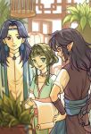  1girl 2boys absurdres aqua_eyes black_eyes black_hair blue_hair blurry blurry_foreground braid braided_ponytail brown_hair earrings highres jewelry lanxi_zhen laojun_(the_legend_of_luoxiaohei) layered_sleeves leaf li_qingning_(the_legend_of_luoxiaohei) long_hair long_sleeves luo_xiaohei_zhanji multiple_boys open_mouth parted_lips plant pointy_ears potted_plant purple_eyes scroll short_over_long_sleeves short_sleeves smile upper_body xuan_li_(the_legend_of_luoxiaohei) xzyzer11 
