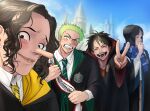  1girl 3boys alternate_costume black_hair blue_scarf blunt_bangs blush castle closed_eyes closed_mouth cosplay crossover curly_hair day green_hair green_necktie highres hisarakanoi long_hair long_nose looking_at_viewer monkey_d._luffy multiple_boys necktie nico_robin one_piece open_mouth outdoors parted_bangs roronoa_zoro scar scar_on_cheek scar_on_face scarf selfie short_hair smile teeth usopp v wavy_hair yellow_necktie 