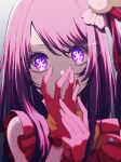  1girl commentary covering_mouth dress frilled_dress frilled_gloves frills gloves hair_ornament hand_over_own_mouth highres hoshino_ai_(oshi_no_ko) idol kotoko0 long_hair multicolored_eyes oshi_no_ko pink_dress pink_eyes pink_gloves purple_eyes purple_hair rabbit_hair_ornament sidelocks solo sparkle star-shaped_pupils star_(symbol) symbol-shaped_pupils turtleneck_dress twitter_username 