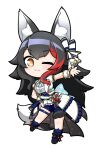  1girl ;3 animal_ear_fluff animal_ears back_bow beckoning black_hair blue_shorts blue_skirt bow bowtie chibi closed_mouth flipped_hair hand_on_own_hip highres hololive hololive_idol_uniform_(bright) jacket jb_jagbung large_bow long_hair low-tied_long_hair multicolored_hair one_eye_closed ookami_mio overskirt puffy_short_sleeves puffy_sleeves reaching reaching_towards_viewer red_hair sash shirt short_sleeves shorts simple_background skirt solo spiked_hair streaked_hair tail tail_around_own_leg tail_wrap thigh_strap transparent_background underbust very_long_hair virtual_youtuber waist_bow white_hair white_jacket white_shirt white_skirt wolf_ears wolf_girl wolf_tail yellow_eyes 