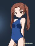  1girl arms_behind_back artist_name black_background black_bow blue_one-piece_swimsuit bow breasts brown_eyes brown_hair closed_mouth commentary covered_navel cowboy_shot dated girls_und_panzer hair_bow halterneck highres kadotani_anzu long_hair looking_at_viewer naotosi one-piece_swimsuit parted_bangs school_swimsuit simple_background small_breasts smile solo standing swimsuit twintails 