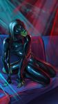  absurd_res anthro black_clothing black_suit bulge cierras clothing furniture green_body harness hi_res hood kneeling latex male mask rubber rubber_clothing rubber_suit sofa solo suit tail 