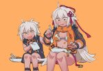  2girls ahoge bikini breasts commentary dark-skinned_female dark_skin fate/grand_order fate_(series) food food_on_body food_on_legs holding holding_spoon invisible_chair jacket large_breasts long_hair multiple_girls navel okita_souji_(fate) okita_souji_alter_(fate) oneroom-disco open_mouth orange_eyes orange_jacket red_ribbon rengoku_(fate) ribbon simple_background sitting spoon sweatdrop swimsuit symbol-only_commentary tassel very_long_hair white_hair 