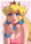  1girl absurdres applying_makeup blonde_hair blue_eyes blush bra breasts cleavage cosmetics crown earrings highres jewelry large_breasts lipstick_tube long_hair mario_(series) parted_lips pink_bra princess_peach riz solo thick_lips underwear upper_body 