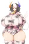  2b-ge animal_humanoid animal_print big_breasts black_hair bovid bovid_humanoid bovine bovine_humanoid breasts cattle_humanoid clothing cow_print cowbell eyes_closed female hair hand_on_hip hi_res horn horned_humanoid huge_breasts huge_thighs humanoid hyper hyper_breasts hyper_thighs mammal mammal_humanoid multicolored_hair shirt simple_background smile solo standing tail thick_thighs topwear unknown_character white_hair wide_hips 