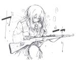  1girl absurdres blonde_hair bolt_action cold fog german_army gun hair_between_eyes heavy_breathing highres holding holding_gun holding_weapon long_hair long_sleeves looking_down messy_hair military military_uniform monochrome original rifle scarf shell_casing shichisaburo sidelocks solo translation_request uniform weapon world_war_ii 
