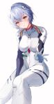  1girl absurdres arm_between_legs ayanami_rei blue_hair bodysuit breasts breasts_apart covered_collarbone crossed_bangs hair_between_eyes hairpods head_tilt highres hum_(ten_ten) invisible_chair latex medium_breasts neon_genesis_evangelion open_hand parted_lips pilot_suit plugsuit red_eyes short_hair simple_background sitting solo thighs white_background white_bodysuit 