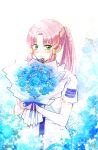  1girl aria aria_company_uniform blue_flower blue_rose blush bouquet commentary dress eyelashes floral_background flower forehead green_eyes hair_tubes highres holding holding_bouquet long_hair looking_at_viewer mizunashi_akari official_alternate_hairstyle parted_bangs pink_hair ponytail rose sailor_collar shadow short_sleeves smile solo standing twitter_username upper_body white_dress yunosina 