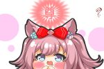  1girl :d agnes_digital_(umamusume) animal_ears blush_stickers bow chibi commentary_request drooling hair_bow hands_up highres horse_ears kurukurumagical mouth_drool pink_hair purple_eyes red_bow simple_background smile solo translation_request two_side_up umamusume white_background 