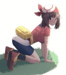  1girl absurdres all_fours bandana bike_shorts blue_eyes brown_hair fanny_pack full_body grass highres looking_at_viewer may_(pokemon) on_grass pokemon pokemon_(game) pokemon_rse red_bandana red_footwear red_shirt shirt short_sleeves shorts smile solo tennosuke_(tejons) white_background 