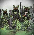  anthro canid canine clothing felid female fox group hazmat_suit jasmine_chevallier_(blacknight655) john_blackwell_(blacknight655) male mammal military_uniform pantherine ruins sasha_kuznotsva_(blacknight655) snow_leopard toxic_gas trio uniform weapon ziegelzeig 