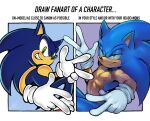  1boy animal_nose blue_fur body_fur double_v draw_fanart_challenge english_text f-sonic furry furry_male gloves green_eyes grin hedgehog hedgehog_ears highres looking_at_viewer male_focus nipple_piercing official_style pectorals piercing smile sonic_(series) sonic_the_hedgehog v white_gloves 