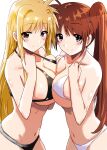  2girls absurdres asymmetrical_docking bikini blush breast_press breasts couple ekaki_kukuma fate_testarossa happy highres large_breasts long_hair lyrical_nanoha mahou_shoujo_lyrical_nanoha_strikers multiple_girls side_ponytail simple_background smile swimsuit symmetrical_docking takamachi_nanoha very_long_hair white_background yuri 