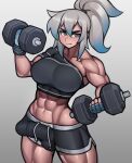  1girl abs absurdres biceps black_shorts black_sports_bra blue_gloves blue_hair borrowed_character breasts bulge closed_mouth commission exercise fingerless_gloves futanari gloves gradient_hair green_eyes grey_hair highres large_breasts looking_at_viewer multicolored_hair muscular muscular_female navel original roadi3 short_hair short_ponytail shorts solo sports_bra thick_thighs thighs weightlifting 