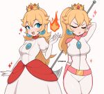  2girls alternate_costume alternate_hairstyle arm_behind_back arm_behind_head axe biker_clothes bikesuit blonde_hair blue_eyes bodysuit breasts closed_eyes cremanata crown dress earrings fire fire_flower_(transformation) halberd hand_up highres holding holding_axe jewelry looking_at_viewer looking_to_the_side mario_(series) medium_breasts multiple_girls official_alternate_costume official_alternate_hairstyle open_mouth pearl_earrings polearm ponytail princess_peach simple_background smile sparkle super_mario_bros._1 the_super_mario_bros._movie thighs weapon white_background white_dress wide_hips 