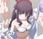  3girls ass blue_eyes blunt_bangs blush bow bow_bra bow_panties bra breasts cleavage flower hair_bow hair_flower hair_ornament head_out_of_frame large_breasts locker locker_room long_hair looking_to_the_side mole mole_on_breast multiple_girls new_game! nude panties purple_hair red_hair sidelocks sincos suzukaze_aoba takimoto_hifumi twintails underwear undressing white_bra white_panties 