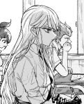  1boy 2girls asahina_aoi blunt_bangs classroom collared_shirt danganronpa:_trigger_happy_havoc danganronpa_(series) earrings from_side gloves greyscale highres holding holding_pen jewelry kirigiri_kyoko kuwata_leon long_hair long_sleeves monochrome multiple_girls necktie no_jacket non_danganronpa pen profile school serious shirt short_hair short_sleeves table upper_body 