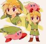  1boy arms_up artist_name belt black_eyes blonde_hair blue_eyes blush blush_stickers boots brown_belt brown_footwear closed_mouth commentary_request full_body green_background green_headwear green_shirt green_tunic hair_between_eyes hat highres holding kirby kirby_(series) link long_sleeves multiple_views pointy_ears shirt short_hair sidelocks simple_background smile smirk the_legend_of_zelda the_legend_of_zelda:_the_wind_waker tokuura toon_link tunic twitter_username upper_body white_background 