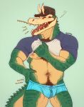  2021 absurd_res anthro artist_name blue_clothing blue_shirt blue_topwear blue_underwear brown_hair chest_tuft clothed clothing clothing_lift countershading crocodile crocodilian crocodylid eyes_closed front_view green_body green_scales hair hand_on_chest hand_on_side hand_under_shirt hat headgear headwear hi_res horn_through_clothing male muscular muscular_anthro muscular_male navel nipples non-mammal_hair non-mammal_navel non-mammal_nipples onomatopoeia open_mouth pubes reptile scales scalie sharp_teeth shirt shirt_lift solo sound_effects tail tail_ridge tan_body teeth text text_on_clothing text_on_underwear tight_clothing tight_shirt tight_topwear tongue tongue_out tony_(xeoniios) topwear tuft underwear xeoniios yawn 