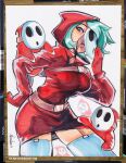  1girl blue_eyes blue_hair buckle chris_metzner genderswap genderswap_(mtf) hand_on_own_hip highres holding holding_mask long_hoodie mario_(series) mask peeking red_hood short_hair shy_gal shy_guy signature thighhighs 