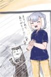  1girl :3 alternate_costume animal_ears blue_shirt blush closed_eyes collared_shirt grey_hair highres kemono_friends mujinamori_tamakichi multicolored_hair open_mouth otter otter_ears otter_girl otter_tail pants shirt short_hair short_sleeves small-clawed_otter_(kemono_friends) smile solo t-shirt tail translation_request two-tone_hair white_hair yellow_pants 