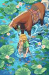 1boy absurdres artist_name blonde_hair blue_eyes bow commentary english_commentary epona highres horse jasmin_bythebay lily_pad link long_hair looking_to_the_side male_focus pointy_ears the_legend_of_zelda the_legend_of_zelda:_tears_of_the_kingdom wading walking water water_lily_flower weapon weapon_on_back 
