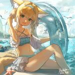  1girl absurdres alternate_costume animal_ear_fluff animal_ears arknights artist_name bikini blonde_hair blue_bikini blue_hairband blue_innertube chinese_commentary collarbone colored_tips commentary_request criss-cross_halter dated detached_sleeves dolala fox_ears fox_girl fox_tail frilled_bikini frills green_eyes hairband halterneck hand_up highres innertube kitsune knee_up kyuubi long_hair looking_at_viewer multicolored_hair multiple_tails navel open_mouth oripathy_lesion_(arknights) outdoors plaid plaid_bikini playing_with_own_hair short_sleeves signature sitting solo starfish suzuran_(arknights) swimsuit tail two-tone_hair 