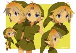  1boy ahoge artist_name belt blonde_hair blue_eyes brown_footwear closed_mouth commentary_request green_headwear green_tunic hat link looking_at_viewer multiple_views pointy_ears short_hair smile the_legend_of_zelda the_legend_of_zelda:_ocarina_of_time tokuura young_link 