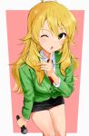  1girl absurdres ahoge black_skirt blonde_hair blush commentary_request dress_shirt eyelashes finger_to_own_chin green_eyes green_jacket hair_between_eyes hand_up highres holding holding_microphone hoshii_miki idolmaster idolmaster_(classic) index_finger_raised jacket long_hair long_sleeves looking_at_viewer microphone miniskirt necktie official_alternate_costume one_eye_closed open_mouth pencil_skirt pink_background red_necktie shirt sidelocks simple_background skirt solo uniform very_long_hair wavy_hair white_shirt zenoo 