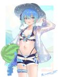  1girl alternate_costume beach belt bikini blue_eyes blue_hair blue_ribbon collarbone commentary english_text food fruit hat highres hololive hololive_summer_2023_swimsuit hoshimachi_suisei long_sleeves mangotaingo navel outdoors ribbon see-through short_shorts shorts solo star_(symbol) star_in_eye sun_hat swimsuit symbol_in_eye virtual_youtuber water watermelon 